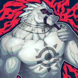 Rule 34 | 1boy, abs, absurdres, bara, chest tattoo, claws, clenched teeth, commentary, crocodile boy, daylon (sobek) (dislyte), dislyte, english commentary, eye mask, fangs, fangs out, furry, furry male, highres, looking at viewer, male focus, mixter art, muscular, muscular male, muzzle, pectorals, red eyes, tattoo, teeth, topless male, upper body
