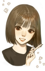 Rule 34 | 1girl, :d, bad id, bad twitter id, black eyes, black nails, black shirt, bob cut, brown hair, fingernails, hand up, highres, index finger raised, lipstick, looking at viewer, makeup, nail polish, open mouth, original, oyabuli, portrait, red lips, shirt, short hair, simple background, smile, white background