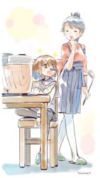 Rule 34 | 10s, 2girls, brown hair, electric plug, hair ornament, hairclip, houshou (kancolle), ikazuchi (kancolle), japanese clothes, kantai collection, ladle, long hair, multiple girls, nonco, pantyhose, pleated skirt, ponytail, rice cooker, school uniform, serafuku, short hair, skirt, sparkle