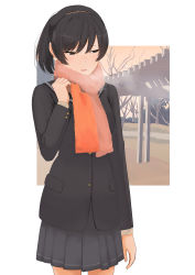 Rule 34 | 1girl, absurdres, adjusting clothes, adjusting scarf, amagami, arm at side, bkhayatej, black eyes, black hair, black jacket, black skirt, breath, brown hairband, brown sweater, commentary, hair strand, hairband, highres, jacket, kibito high school uniform, light blush, long hair, looking away, outside border, parted lips, pavilion, pink scarf, pleated skirt, ponytail, raised eyebrows, scarf, school uniform, skirt, smile, solo, sweater, textless version, tree, tsukahara hibiki, white background