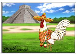 Rule 34 | bird, blue sky, chichen itza, chicken, cloud, cloudy sky, commentary request, dated, day, el castillo, grass, hat, highres, instrument, keiji (niwatori fighter), looking at viewer, looking to the side, maracas, mexico, mixed-language commentary, niwatori fighter, no humans, outdoors, poncho, pyramid (structure), sakuratani shuu, signature, sky, sombrero, spanish commentary, tree