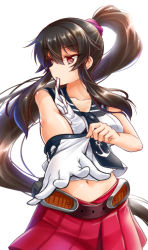 Rule 34 | 10s, 1girl, adjusting clothes, adjusting gloves, black hair, breasts, collarbone, gloves, kantai collection, long hair, midriff, navel, okitakung, pleated skirt, ponytail, red eyes, skirt, solo, white gloves, yahagi (kancolle)
