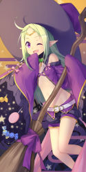 Rule 34 | 1girl, ;d, bare shoulders, belt, belt buckle, black shorts, blush, bow, breasts, broom, buckle, candy, candy wrapper, fire emblem, fire emblem awakening, food, green hair, hat, heart, heart-shaped buckle, holding, holding broom, lollipop, long hair, long sleeves, looking at viewer, nintendo, nowi (fire emblem), one eye closed, open mouth, pink bow, pointy ears, purple eyes, purple hat, purple shirt, shirt, short shorts, shorts, sidelocks, sleeves past fingers, sleeves past wrists, small breasts, smile, solo, star (symbol), swirl lollipop, transistor, very long hair, white belt, wide sleeves, witch hat