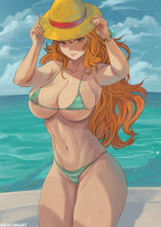 Rule 34 | 1girl, adjusting clothes, adjusting headwear, arachnart, arms up, bare shoulders, bikini, bracelet, breasts, cleavage, closed mouth, collarbone, cowboy shot, day, female focus, green bikini, hat, highres, jewelry, large breasts, long hair, looking at viewer, matching hair/eyes, micro bikini, nami (one piece), navel, ocean, one piece, orange eyes, orange hair, outdoors, skindentation, sky, solo, standing, straw hat, swimsuit, underboob