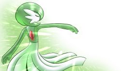 Rule 34 | 1girl, arm up, bob cut, closed eyes, colored skin, creatures (company), female focus, from behind, game freak, gardevoir, gen 3 pokemon, gradient background, green background, green hair, green skin, hair over one eye, highres, laranthrod, multicolored skin, nintendo, outstretched arm, pokemon, pokemon (creature), short hair, simple background, solo, standing, two-tone skin, white background, white skin