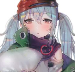 Rule 34 | 1girl, alternate hairstyle, bad id, bad twitter id, bags under eyes, blush, brown eyes, clothing cutout, confetti, g11 (girls&#039; frontline), girls&#039; frontline, green jacket, hair between eyes, half-closed eyes, hanato (seonoaiko), holding, holding pillow, jacket, light particles, long hair, looking at viewer, open clothes, open mouth, pillow, portrait, red scarf, scarf, scarf on head, shirt, shoulder cutout, sidelocks, silver hair, simple background, solo, twintails, white background