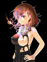 Rule 34 | 1girl, aged up, black background, bracelet, breast slip, breasts, brown eyes, brown hair, dress, electricity, electrokinesis, hands on own hips, highres, hkn (ringya), jewelry, looking at viewer, misaka mikoto, necklace, nipples, one breast out, short hair, solo, toaru kagaku no railgun, toaru majutsu no index, torn clothes