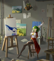 Rule 34 | 1girl, artist painter, ascot, birch tree, closed eyes, collared shirt, flower, flower pot, forest, frilled skirt, frills, front slit, green hair, hanging plant, highres, holding, holding paintbrush, kazami yuuka, landscape, legs, long skirt, long sleeves, mountainous horizon, nature, no shoes, paint, paintbrush, painting (object), pantyhose, paper, plaid, plaid skirt, plaid vest, plant, red skirt, red vest, shirt, short hair, skirt, skirt set, smile, solo, stretching, touhou, tzafra, vest, wavy hair, weeds, whale, white shirt, yellow ascot