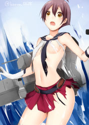 Rule 34 | 10s, 1girl, :o, anchor symbol, artist name, bare shoulders, black necktie, blush, breasts, brown eyes, brown hair, convenient censoring, elbow gloves, gloves, hair between eyes, kantai collection, machinery, midriff, navel, necktie, open mouth, outdoors, red skirt, sailor collar, sakawa (kancolle), sakiryo kanna, shiny skin, shirt, short hair, skirt, small breasts, solo, splashing, stomach, torn clothes, torn gloves, torn shirt, torn skirt, turret, underboob, wading, water, white gloves