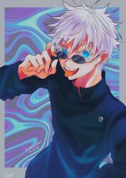 Rule 34 | 1boy, absurdres, adjusting eyewear, blue background, blue eyes, border, colored eyelashes, commentary, dated, gojou satoru, grey border, hand on eyewear, highres, jujutsu kaisen, looking at viewer, multicolored background, payayo884, purple background, short hair, solo, sunglasses, symbol-only commentary, teeth, tongue, tongue out, translation request, upper body, white hair