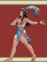 Rule 34 | 1boy, ancient greek clothes, bare legs, barefoot, dark-skinned male, dark skin, feathers, greco-roman clothes, groin, hands up, hat, highres, loincloth, long hair, lullindo, male focus, minoan clothes, original, profile, red background, shadow, solo, topless male, wavy hair