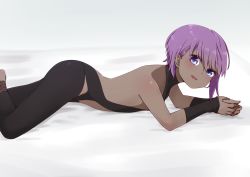 Rule 34 | 1girl, backless outfit, bare shoulders, bed sheet, black bodysuit, blush, bodysuit, dark-skinned female, dark skin, fate/prototype, fate/prototype: fragments of blue and silver, fate (series), feet out of frame, hair between eyes, hassan of serenity (fate), i.u.y, looking at viewer, lying, on stomach, own hands together, parted lips, purple eyes, purple hair, solo