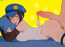 Rule 34 | 1boy, 1girl, afrobull, alternate eye color, ass, black hair, blush, breast press, breasts, condom, condom on penis, cum, elbow gloves, erection, fingerless gloves, gloves, hat, hetero, large breasts, lying, marie (persona 4), on stomach, penis, penis on ass, persona, persona 4, persona 4 the golden, short hair, sleeveless, striped clothes, striped thighhighs, sweat, testicles, thighhighs, tongue, tongue out, uncensored, used condom, used condom on penis, yellow eyes