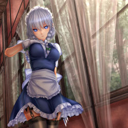 Rule 34 | 1girl, apron, between fingers, black thighhighs, blue dress, blue eyes, bow, braid, breasts, commentary request, cowboy shot, curtains, dress, frilled apron, frills, garter straps, gloves, green bow, hair between eyes, hair bow, hand on own chest, head tilt, highres, holding, holding knife, holding weapon, indoors, izayoi sakuya, knife, knives between fingers, light particles, looking at viewer, maid, maid apron, maid headdress, medium breasts, parted lips, petticoat, puffy short sleeves, puffy sleeves, shirt, short hair, short sleeves, shounen (hogehoge), silver hair, solo, standing, thighhighs, thighs, touhou, tree, twin braids, waist apron, weapon, white apron, white gloves, white shirt, window, wing collar, zettai ryouiki