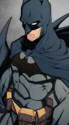 Rule 34 | 1boy, animal print, arms at sides, artist name, bat print, batman, batman (series), belt, belt pouch, black cape, black gloves, bodysuit, cape, clenched hand, closed mouth, commentary, covered abs, cowl, dc comics, gloves, grey background, grey bodysuit, hata4564, highres, male focus, mask, muscular, muscular male, pouch, solo, superhero costume, utility belt, yellow belt