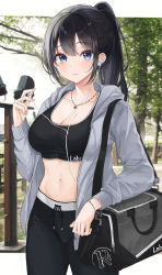 Rule 34 | 1girl, 3:, absurdres, bag, black hair, black pants, black shirt, blue eyes, blush, breasts, cleavage, closed mouth, collarbone, cowboy shot, crop top, drawstring, duffel bag, earphones, fence, grass, grey jacket, highres, holding, jacket, jewelry, large breasts, lebring, long hair, long sleeves, looking at viewer, medium breasts, midriff, mole, mole under eye, navel, necklace, open clothes, open jacket, original, outdoors, pants, ponytail, shirt, solo, sports bra, standing, stomach, tree, yoga pants