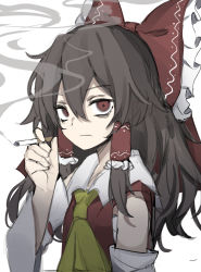 Rule 34 | absurdres, ascot, bare shoulders, blouse, bow, brown eyes, brown hair, cigarette, detached sleeves, frilled bow, frills, hair between eyes, hair bow, hair tubes, hakurei reimu, highres, hisha (kan moko), holding, holding cigarette, looking at viewer, red bow, sarashi, shirt, sleeveless, sleeveless shirt, smoke, smoking, solo, touhou, yellow ascot