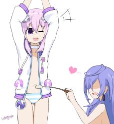 Rule 34 | 2girls, :d, bad id, bad twitter id, blue hair, breasts, choker, d-pad, heart, hood, hooded jacket, iris heart, jacket, large breasts, lukazawa, multiple girls, neptune (neptunia), neptune (series), no pants, one eye closed, open clothes, open jacket, open mouth, panties, purple eyes, purple hair, short hair, simple background, small breasts, smile, striped clothes, striped panties, tickling, tickling navel, topless, underwear, white background, yuri