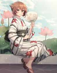Rule 34 | 1girl, blush, brown hair, cloud, day, flipped hair, floral print, flower, green eyes, hand fan, highres, holding, holding fan, japanese clothes, kantai collection, kasumi (skchkko), kimono, long sleeves, looking at viewer, lotus, lotus leaf, mutsu (kancolle), obi, outdoors, paper fan, pink flower, sandals, sash, short hair, sitting, sky, smile, solo, striped clothes, striped kimono, white kimono, wide sleeves, yukata, zouri