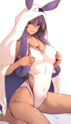 Rule 34 | 1girl, animal ears, bare shoulders, blanket, blush, breasts, cleavage, closed mouth, collarbone, competition swimsuit, cosplay, covered navel, dark-skinned female, dark skin, earrings, facepaint, facial mark, fate/grand order, fate (series), hair between eyes, hairband, hands on own chest, highleg, highleg swimsuit, hip focus, hoop earrings, jackal ears, jewelry, large breasts, long hair, looking at viewer, low-tied long hair, medjed (fate), medjed (fate) (cosplay), nanao (mahaya), necklace, nitocris (fate), nitocris (fate/grand order), nitocris (swimsuit assassin) (fate), nitocris (swimsuit assassin) (second ascension) (fate), one-piece swimsuit, purple eyes, purple hair, sidelocks, simple background, sitting, smile, solo, swimsuit, thighs, very long hair, wariza, white background, white one-piece swimsuit