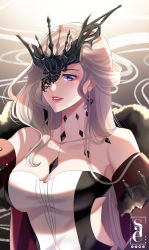 Rule 34 | 1girl, artist logo, bare shoulders, blonde hair, breasts, brown background, cleavage, coat, collarbone, dangle earrings, dress, earrings, elbow gloves, eyelashes, eyepatch, facebook logo, fur-trimmed coat, fur trim, gem, genshin impact, gloves, gradient background, hair flowing over, headpiece, highres, instagram logo, jewelry, lace-trimmed eyepatch, large breasts, lips, lipstick, long hair, looking at viewer, makeup, off shoulder, one eye covered, parted lips, pixiv logo, purple eyes, red gloves, ringlets, sae (asahinasae), sidelocks, signora (genshin impact), skindentation, smoke, solo, strapless, strapless dress, stud earrings, studded gloves, twitter logo, upper body, very long hair, white dress