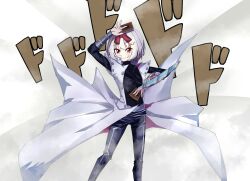 1girl azur_lane black_shirt bow card closed_mouth coat cosplay duel_disk hair_bow hands_up hermes_(azur_lane) highres holding holding_card junkpicture kaiba_seto kaiba_seto_(cosplay) looking_at_viewer red_bow red_eyes shirt short_hair solo trading_card white_coat white_hair yu-gi-oh!