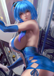Rule 34 | 1girl, ahoge, azur lane, bare shoulders, blue hair, blurry, blurry background, breasts, detached sleeves, dress, gloves, halter dress, halterneck, headgear, highres, large breasts, pink eyes, revealing clothes, sideboob, st. louis (azur lane), taut clothes, taut dress, white gloves, yamaishi (mukoubuti)