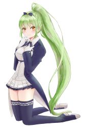 Rule 34 | 1girl, azur lane, blush, breasts, closed mouth, full body, gloves, green hair, highres, kneeling, long hair, looking at viewer, medium breasts, piroropepon, ponytail, shropshire (azur lane), simple background, smile, solo, thighhighs, very long hair, yellow eyes