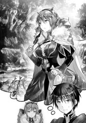 Rule 34 | 1boy, 1girl, breasts, cleavage, drill hair, eating, forest, fuzichoco, greyscale, hachinan tte sore wa nai deshou!, hairband, highres, holding, jewelry, katharina linda von weigel, large breasts, long hair, long sleeves, monochrome, nature, novel illustration, official art, outdoors, ring, sweatdrop, thought bubble, twin drills, water, waterfall, wendelin von benno baumeister