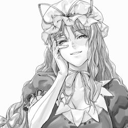 Rule 34 | 1girl, breasts, cleavage, elbow gloves, female focus, gloves, greyscale, hand on own face, hat, long hair, monochrome, shiba itsuki, simple background, smile, solo, touhou, upper body, yakumo yukari