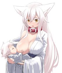 Rule 34 | 1girl, :d, animal ears, baby, blush, breastfeeding, breasts, collar, collarbone, hair between eyes, japanese clothes, large breasts, long hair, long sleeves, nose blush, one breast out, open mouth, original, sakura inu, smile, upper body, very long hair, white hair, wide sleeves, wolf ears, yellow eyes