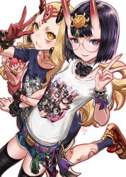 Rule 34 | 2girls, b.c.n.y., bare legs, black thighhighs, blonde hair, blue shirt, blush, bodypaint, casual, character name, curly hair, detached collar, expressionless, facepaint, fate/grand order, fate (series), food, food on face, glasses, grin, hair between horns, highres, holding, holding food, horns, ibaraki douji (fate), locked arms, long hair, looking at viewer, medium hair, multiple girls, oni, print shirt, purple eyes, purple hair, shirt, short shorts, shorts, shuten douji (fate), skin-covered horns, smile, staring, thighhighs, v, very long hair, w over eye, white shirt, yellow eyes