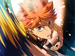 Rule 34 | ball, brown eyes, from above, glowing, glowing eyes, haikyuu!!, highres, hinata shouyou, jumping, looking at viewer, looking up, male focus, motion blur, orange hair, playing sports, re it0, solo, sportswear, sweat, volleyball, volleyball (object), volleyball uniform