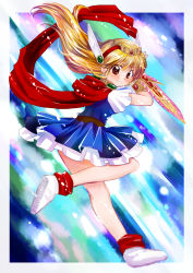 Rule 34 | 1990s (style), 1girl, akazukin chacha, belt, blonde hair, blue dress, bracelet, closed mouth, dress, female focus, highres, holding, holding weapon, jewelry, long hair, looking at viewer, magical princess, retro artstyle, shoes, short dress, short sleeves, solo, sword, weapon