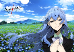 Rule 34 | 10s, 1girl, absurdres, blue flower, blue hair, copyright name, day, field, flower, flower field, grey eyes, highres, kiznaiver, long hair, looking at viewer, outdoors, own hands together, portrait, smile, solo, sonozaki noriko
