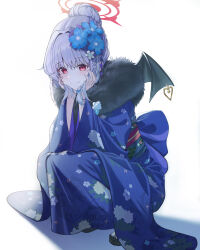 Rule 34 | 1girl, absurdres, bj8103, blue archive, flower, fur-trimmed kimono, fur trim, grey hair, hair bun, hair flower, hair ornament, halo, hands on own face, haruna (blue archive), haruna (new year) (blue archive), highres, japanese clothes, kimono, official alternate costume, print kimono, purple kimono, red eyes, red halo, shadow, simple background, single wing, solo, white background, wing piercing, wings