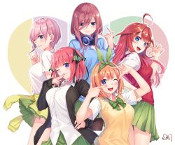 Rule 34 | 5girls, absurdres, ahoge, blue cardigan, blue eyes, blunt bangs, blush, bow, breasts, brown hair, cardigan, claw pose, cleavage, collared shirt, commentary request, da-cart, dress shirt, finger to mouth, go-toubun no hanayome, green ribbon, grin, hair between eyes, hair ornament, hair ribbon, headphones, headphones around neck, heart, highres, large breasts, long hair, long sleeves, looking at viewer, m&amp;m (mickey and mackey), multiple girls, nakano ichika, nakano itsuki, nakano miku, nakano nino, nakano yotsuba, one eye closed, open mouth, orange hair, pink hair, red hair, ribbon, shirt, short hair, siblings, sisters, skirt, smile, star (symbol), star hair ornament, thighs, tied sweater, white shirt