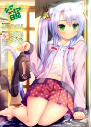 Rule 34 | 2girls, absurdres, animal ears, artist name, barefoot, bell, blush, bow, brown ribbon, cat ears, cat tail, clothes writing, english text, expressionless, green eyes, hair bell, hair bow, hair ornament, hair over shoulder, hair ribbon, highres, holding, holding toy, hood, hoodie, indoors, jacket, logo, magazine scan, multiple girls, nail polish, open mouth, original, pastel colors, paw print, pink hair, pink jacket, pink nails, pleated skirt, polka dot, polka dot skirt, red bow, red skirt, ribbon, scan, silver hair, sitting, skirt, stuffed animal, stuffed cat, stuffed toy, sunlight, syroh, tail, toy, translation request, white hoodie, window, yellow eyes, yokozuwari