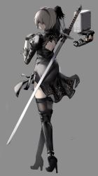 Rule 34 | 1girl, black blindfold, black dress, black hairband, black thighhighs, blindfold, boots, closed mouth, clothing cutout, covered eyes, dress, facing viewer, from behind, gloves, grey background, hairband, highres, long sleeves, long sword, nier:automata, nier (series), puffy sleeves, robot, shiranui (nisioisin sinob), short hair, simple background, solo, sword, thigh boots, thighhighs, weapon, white hair, 2b (nier:automata)