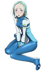 Rule 34 | 10s, 1girl, bodysuit, breasts, don (rg06268), eureka (eureka seven), eureka seven (series), eureka seven ao, facial mark, female focus, forehead mark, full body, green hair, groin, highres, ice place, legs, legs together, looking at viewer, mature female, medium hair, open mouth, own hands together, purple eyes, simple background, sitting, small breasts, solo, sweat, sweatdrop, thighs, white background