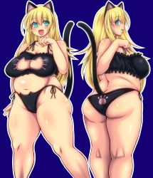 Rule 34 | 1girl, animal ears, ass, bare shoulders, bell, belly, blonde hair, blue eyes, blush, borrowed character, breasts, butt crack, cat ears, cat girl, cat lingerie, cat tail, cleavage, cleavage cutout, clothing cutout, fat, female focus, highres, jewelry, large breasts, long hair, meme attire, multiple persona, nanashi mushi, navel, necklace, open mouth, original, plump, nanashi mushi, simple background, smile, solo, standing, tail, underwear
