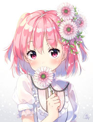 Rule 34 | 1girl, blush, commentary request, covered mouth, flower, flower over mouth, frilled shirt collar, frills, gradient background, grey background, hair between eyes, hair flower, hair ornament, hairclip, holding, holding flower, indie virtual youtuber, leaf, long hair, looking at viewer, original, pink hair, puffy short sleeves, puffy sleeves, purple eyes, see-through, shirt, short sleeves, signature, solo, two side up, virtual youtuber, white background, white flower, white shirt, yaki mayu