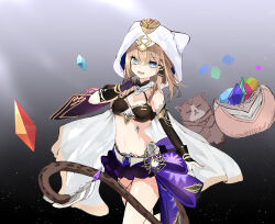 Rule 34 | 1girl, :d, absurdres, animal, bare shoulders, black background, black gloves, black skirt, blue eyes, breasts, bridal gauntlets, brown hair, can (honkai impact), cape, cat, cat tail, commentary request, crystal, fang, gloves, gradient background, grey background, hair between eyes, highres, honkai (series), honkai impact 3rd, hood, hood up, hooded cape, looking at viewer, open mouth, pardofelis (honkai impact), pleated skirt, single bridal gauntlet, single glove, skirt, small breasts, smile, solo focus, tail, tongxiao jiudao, white cape
