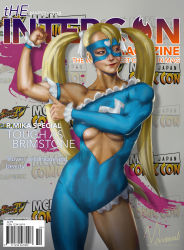 Rule 34 | 1girl, alternate costume, biceps, breasts, clothing cutout, cover, domino mask, flexing, heart cutout, highres, large breasts, leotard, magazine cover, mask, muhammed ansar ali, muscular, muscular female, rainbow mika, smile, solo, street fighter, street fighter v, twintails, wrestling outfit