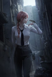 Rule 34 | 1girl, absurdres, animal, animal on hand, belt, black necktie, black pants, braid, braided ponytail, breasts, building, chainsaw man, city, closed mouth, collared shirt, day, dress shirt, hand up, highres, leesuyeon, long hair, long sleeves, looking at animal, makima (chainsaw man), medium breasts, mouse (animal), necktie, pants, red hair, shirt, shirt tucked in, sky, solo, trash bag, walking, white shirt, yellow eyes