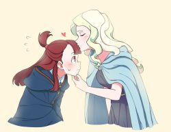 Rule 34 | 2girls, bad id, bad twitter id, blonde hair, blush, brown hair, cloak, diana cavendish, dress, embarrassed, closed eyes, hand on another&#039;s chin, heart, highres, kagari atsuko, kiss, kissing forehead, little witch academia, multicolored hair, multiple girls, red eyes, scream lwa, short ponytail, sweatdrop, two-tone hair, yellow background, yuri