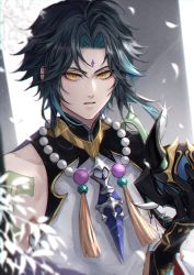 Rule 34 | 1boy, arm tattoo, artist name, bead necklace, beads, black gloves, black hair, black shirt, eyeshadow, falling leaves, genshin impact, gloves, green hair, highres, jewelry, leaf, looking at viewer, makeup, male focus, multicolored hair, necklace, ningyo, parted bangs, parted lips, pendant, portrait, red eyeshadow, shirt, short hair with long locks, shoulder spikes, single bare shoulder, sleeveless, sleeveless shirt, slit pupils, solo, spikes, tattoo, two-tone hair, upper body, xiao (genshin impact), yellow eyes