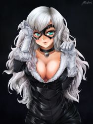 Rule 34 | 1girl, aqua eyes, artist name, artist request, black background, black cat (marvel), blush, bodysuit, breasts, cleavage, collar, commission, cowboy shot, domino mask, eye mask, gloves, head tilt, jewelry, large breasts, long hair, marvel, mask, midori matsui, no bra, parted lips, paw pose, ring, silver hair, smile, solo, spider-man (series), standing, v-shaped eyebrows, zipper