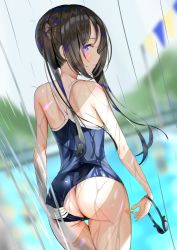Rule 34 | 1girl, ass, back, black hair, black one-piece swimsuit, blurry, blurry background, bunting, butt crack, closed mouth, clothes pull, commentary request, goggles, unworn goggles, grey sky, highres, long hair, looking at viewer, looking back, mountain, one-piece swimsuit, one-piece swimsuit pull, original, pool, poolside, purple eyes, sakura yuu (hzjy8485), school swimsuit, school uniform, shoulder blades, sidelocks, sky, solo, standing, swimsuit, twintails, wet