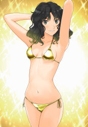 Rule 34 | 1girl, alternate costume, amagami, arms behind head, arms up, bikini, black hair, breasts, commentary request, curly hair, gold bikini, golden week, highres, looking at viewer, medium breasts, messy hair, navel, open mouth, parted lips, shiny swimsuit, simple background, smile, solo, sparkle background, stomach, string bikini, swimsuit, takemi kaoru, tanamachi kaoru, wavy hair